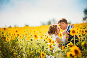 bride and groom against the background of a field of sunflowers