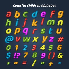 Colorful children alphabet. Cartoon drawing childhood style letters and numbers for kids, vector illustration