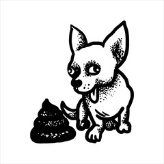 Etched vector illustration. Engraved sticker. Dark humor jokes. Contemporary street art work. Hand drawn sketch of a happy dog and a pile of shit.