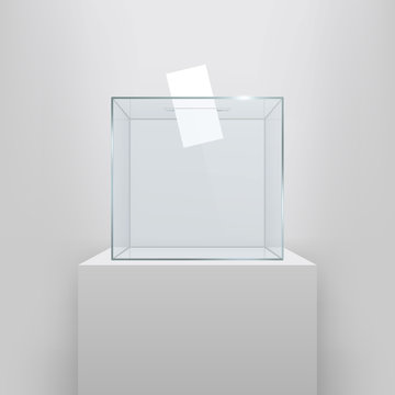 Creative Vector Illustration Of Realistic Empty Transparent Ballot Box With Voting Paper In Hole Isolated On Background. Art Design Glass Case Is On Museum Pedestal, Stage, 3d Podium. Concept Graphic