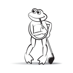 black outline happy frog vector cartoon standing with golf stick