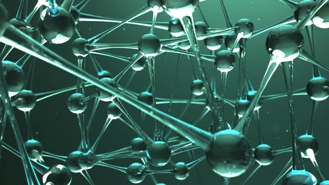 Abstract Glass Molecular net chain. Green.Chemistry and physic science.Beautiful 3D render of crystal atom cells spheres.Type 3