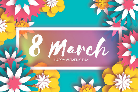 8 March. Colorful Happy Women's Day. Mother's Day. Paper cut Floral Greeting card. Origami flower. Text. Rectangle frame. Spring blossom. Seasonal holiday on sky blue. Modern paper decoration.