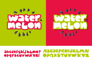 Watermelon text for print and web on red and green colors. Alphabet set in cute kid style. Extra fat letters for funny lettering.