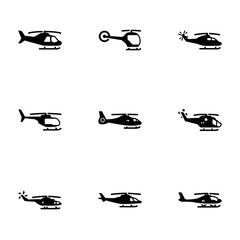 Set of black icons isolated on white background, on theme Helicopter