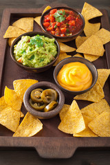 mexican nachos tortilla chips with guacamole, salsa and cheese dip