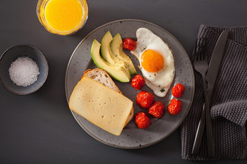 fried egg, avocado, tomato for healthy breakfast