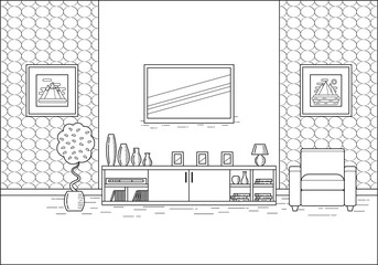 Outline room interior. Linear vector illustration. Living room in flat design. Line art. House equipment. Home space with armchair and TV. Black and white cartoon furniture.