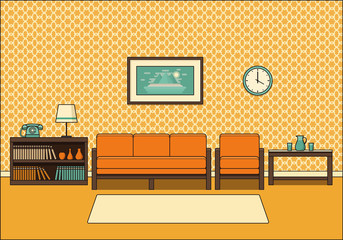 Living room retro interior. Line art room in flat design. Linear vector illustration. Vintage house equipment. Home space with sofa, armchair and coffee table. Cartoon furniture.