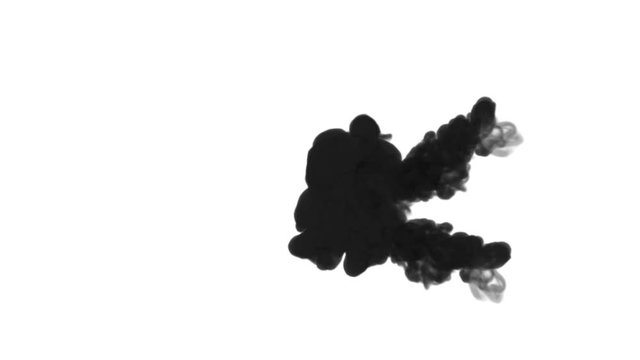 A lot of flows, black clouds or smoke, ink inject is isolated on white in slow motion. Black in water. Inky background or smoke backdrop, for ink effects use luma matte like alpha mask
