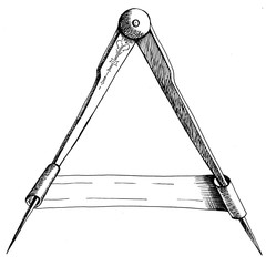 Ancient compass measuring instrument. Hand drawn sketch. Element of decorating an old geographical map.