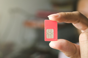 Hand holding sim card, select focus, color effect. close up shot. - obrazy, fototapety, plakaty