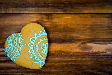 Heart shaped cookies for valentine day on wooden table. Top view, copy space