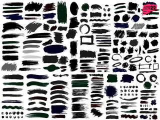 Big of collection of black paint, ink brush strokes, brushes, lines, grungy. Dirty artistic design elements, boxes, frames. Vector illustration. Isolated on white background. Freehand drawing