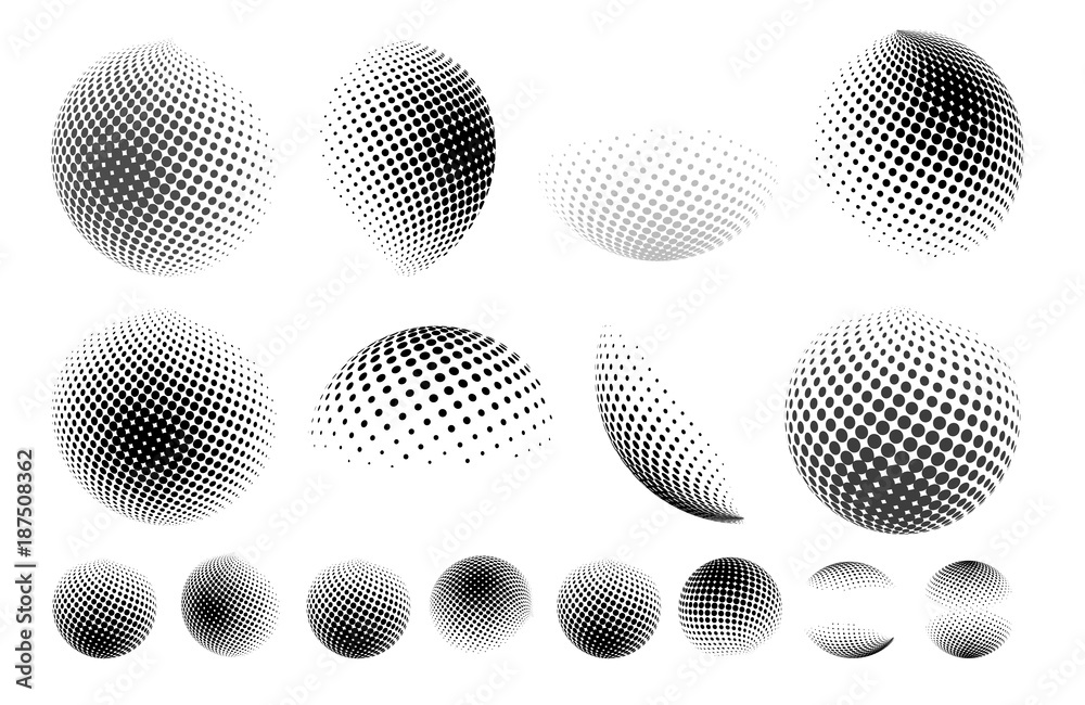 Wall mural set of abstract globe dotted sphere, 3d halftone dot effect. earth shape. it can be used as logo, ic