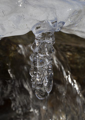 Naklejka na ściany i meble Oddly shaped icicle with water running behind