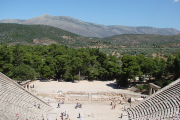 The landscape of the Greek nature from the height of the ruins of the amphitheater of the ancient Greek town of Mycenaea.