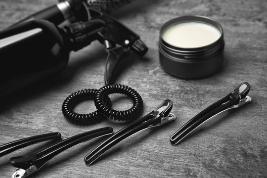 Professional hairdresser set on gray table
