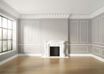 Empty classic elegant luxury living room with a fireplace