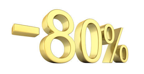 Gold text 80 percent off on white background without shadow 3D render