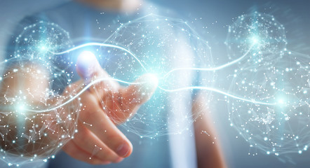 Businessman using digital network connection sphere 3D rendering