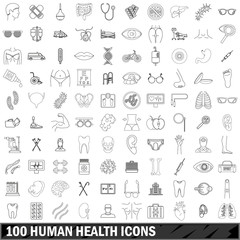 100 human health icons set, outline style