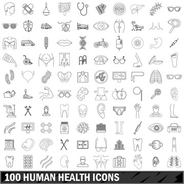 100 human health icons set, outline style
