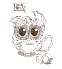 Small owlet in cup of coffee or tea
