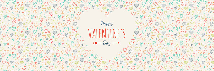 Valentine's Day - panoramic banner with hand drawn hearts.  Vector.