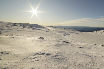 View of snowy mountain area.