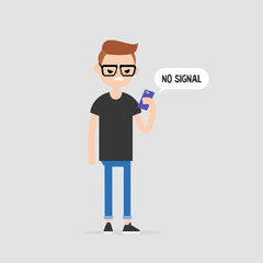 No signal, conceptual illustration. Angry character holding a smartphone. No internet. Flat editable vector illustration, clip art