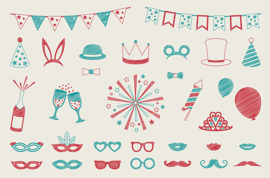 Hand drawn icons for carnival, birthday, party or photobooth. Vector.