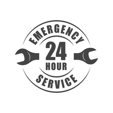 24 hour emergency service logo with wrench silhouette