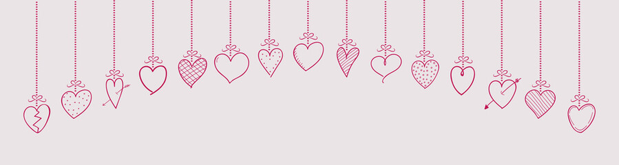 Plakat Hanging hand drawn hearts - panoramic header. Vector.