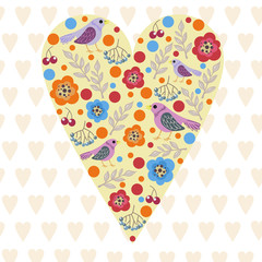 vector illustration of spring the hearts of the birds and leaves Valentine's day