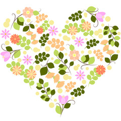 vector illustration of Valentine hearts with flowers and branches on a white background