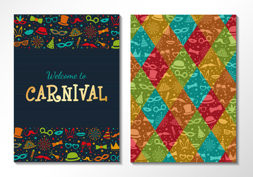 Invitation for Carnival Party - two sided cards with funny masks. Vector.