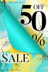 Vertical sale advertisement banner on hand drawn background with curled peel out corner