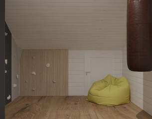 3d rendering of attic interior with climbing walls