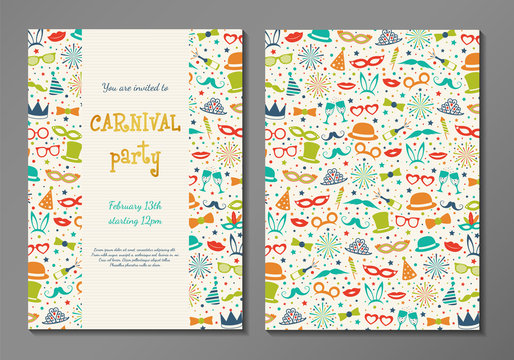 Invitation for Carnival Party - two sided cards with funny masks. Vector.