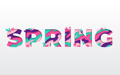 Spring typography design with abstract paper cut shapes, leaves and flowers. Vector illustration. Colorful floral elements