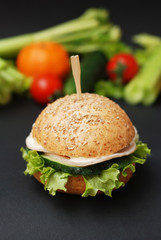 Healthy Burger with Vegetables on Black Background, Selective focus. Vegetables and Fruits on Blured Background.