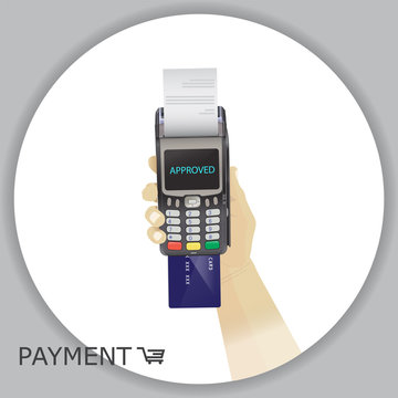 Contactless payment transaction terminal with display and pinpad. Wireless payment. MSR, EMV, NFC, hand holding credit card inserted in pos terminal. Vector.