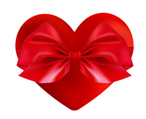 Valentines Day greeting card. Realistic 3d red heart shape. Holiday vector illustration. Valentine s day gift box symbol. Satin ribbon bow love Valentine poster design web banner