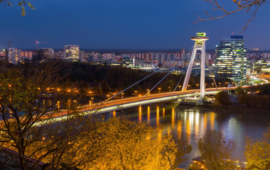 Night view on UFO Bridge in slovakian city Bratislava