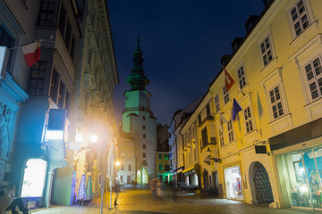 Night illumination of Michael Gate in center of Bratislava