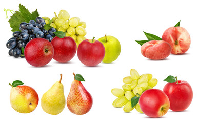 Fresh fruit set grapes, apples, chinese flat donut peaches, pears isolated on white background with clipping pass