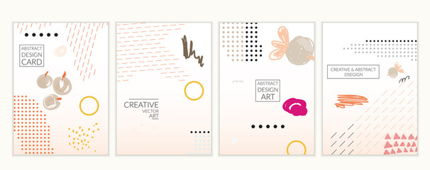Minimal universal card templates in Memphis style hand drawn doodles gradient