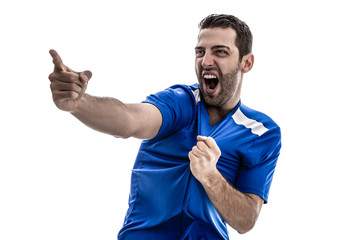 Naklejka premium Soccer fan celebrating on white background