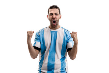 Argentina fan celebrating on white background